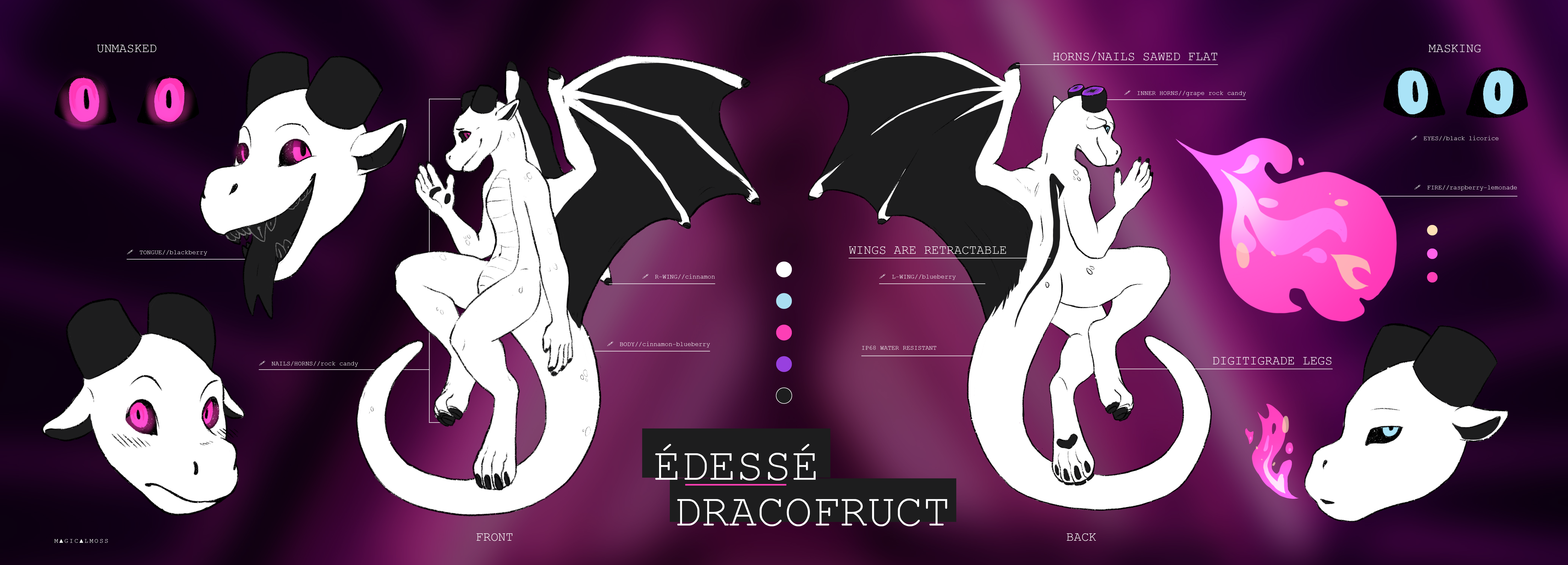 A refsheet of Édessé Dracofruct, showing the character in a couple poses and with a few headshots, as well as a list of flavors.